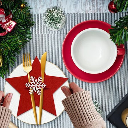 Bestikkholder Julefilt, Pakke med 12 Bestikkposer Røde Stjerne Bestikkposer Borddekorasjon, Jule Snøfnugg Kniver Gafler Skjeer Servise