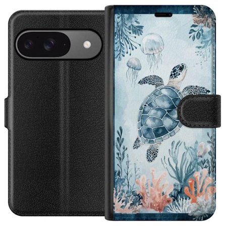Yhteensopiva Lompakkokotelo Google Pixel 9 Pro Akvarellimaalaus merikilpikonna korallien ja meduusojen joukossa rauhallisessa sinisessä vedenalaisess