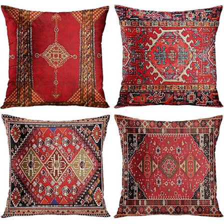 Dww - 4-delt sett Vintage Rød Blomstret Tyrkisk Persisk Matte Lin Putetrekk Hjemmepute Putetrekk Geometrisk Persisk Kilim Hjemmeinnredning 4-delt