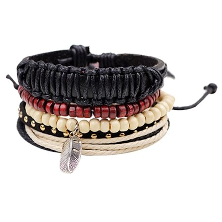 Justerbar Mode Enkel Multilevel Retro Faux Feather Beaded Woven Wrist Armband Set