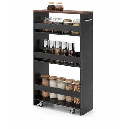 Køkkenvogn Smal 25 cm COSTWAY, Hjul med Bremser, Opbevaringsvogn med 4 Niveauer og Sidehåndtag, Sort og Brun