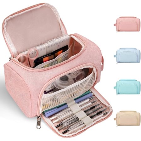 Stort pennal, pennboks med glidelås for jenter, skolemateriell, rosa