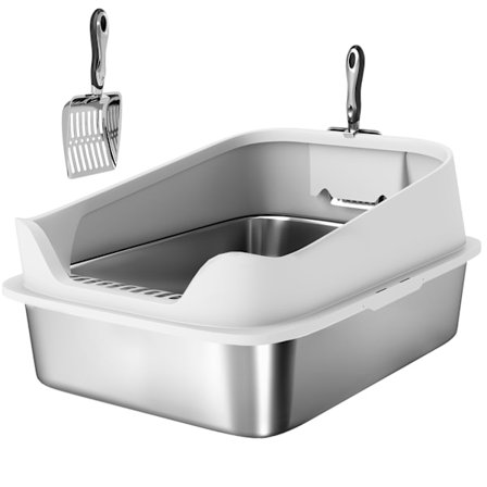 Kattebakke i rustfrit stål med skovl, høje sider, XL