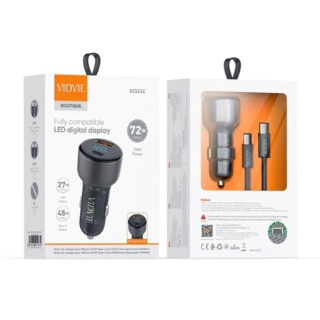 Bil-laddare med LED-display 2x (USB-A USB- C) med Kabel type C till Lightning