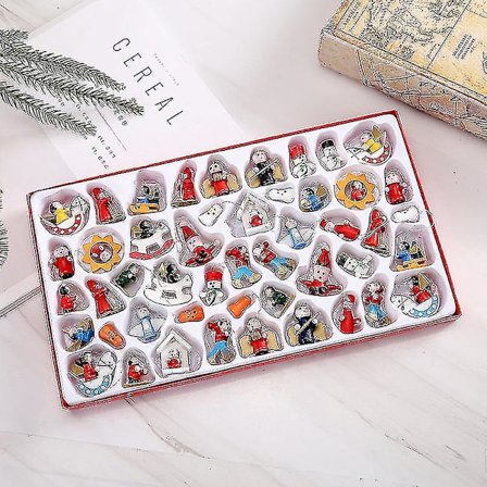 48 st miniatyrjulgransprydnader i trä, julgransprydnader i trä med julfigurer, kompatibla med julgransdekoration, festdekoration