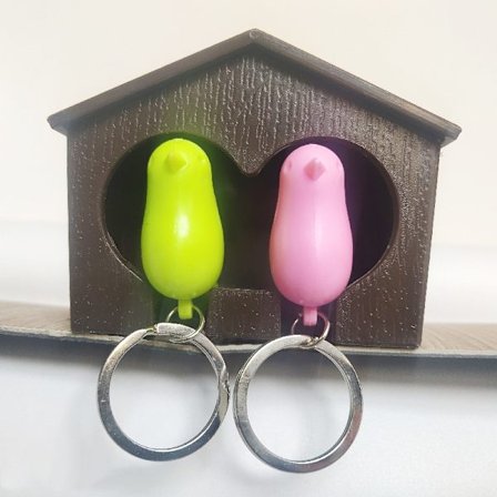 Nøglebakke, trommenøgleringholder med to spurvedesign (rosa + grøn fugl)