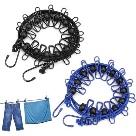 2-pack Utöka Bärbar Reseväsktväxtlinje med 12 Klämmor, Elastisk Klädstreck för Camping, Sovsal, Svart, Blå