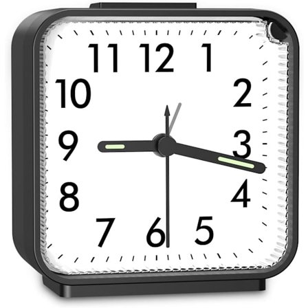 Stille Vækkeur - Ikke-Tikkende Sengklokke med Selvlysende Visere, Snooze & Natlampe til Tunge Sover (Sort)