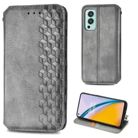 OnePlus Nord 2 5G nahkainen kotelo tyylikkäällä kuutiokuvioinnilla - Harmaa Silver grey