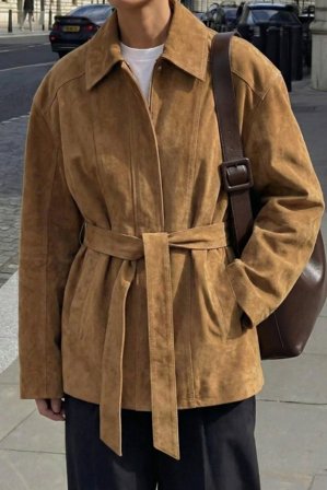 Premium Selection - Jakke i semsket skinn med belte - Ekte skinn - Brun - EU 40