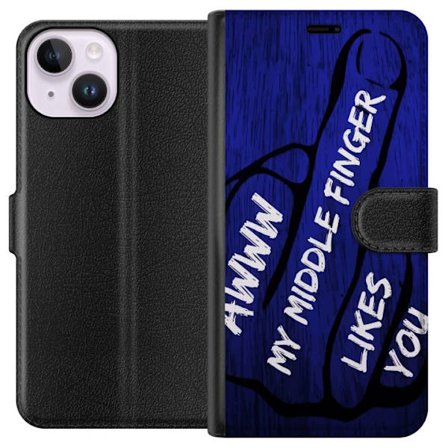 Kompatibelt Lommeboketui til Apple iPhone 14 Mørk typografisk illustrasjon med hjerteform og budskap om vennskap mot dyp blå tretekstur