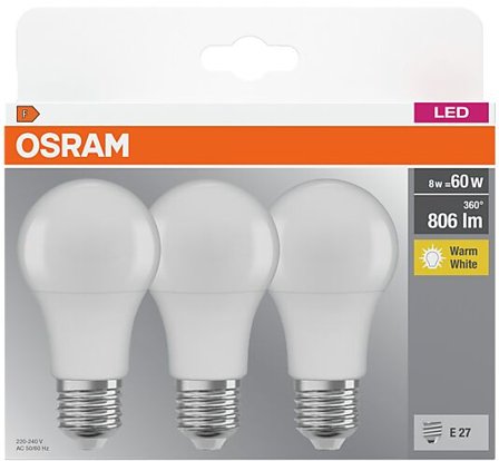 OSRAM Led Lyspære E27 Classic A60 806lm matt Hs Varmhvit 3stk