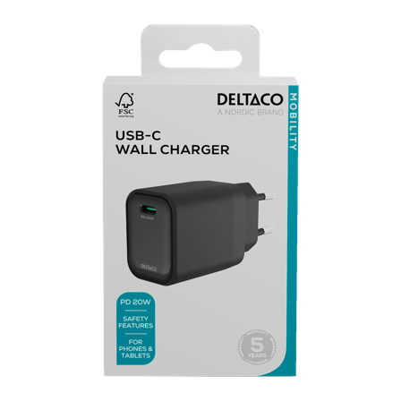 Deltaco USB-C wall charger, 1x USB-C PD, 20 W, black