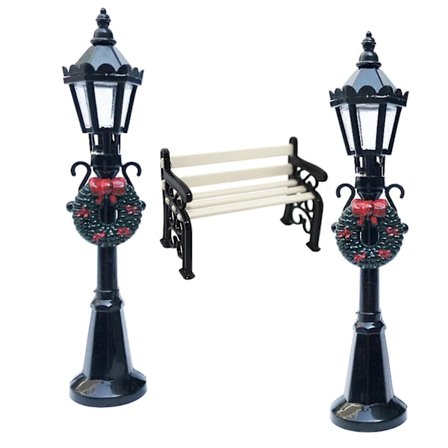 1/12 Nukkekoti Miniatyyri Puutarha Patio Huonekalut Puiston Penkki & 2x Katuvalaisin