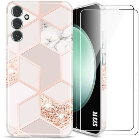 Skyddsskal - BOOLING - för Samsung Galaxy S23 FE - Marmor Rosa Mönster - Silikon - 2 Härdade Glas