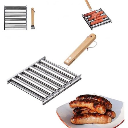 Pølse-Rulle til Grill, Pølse-Rulle Grill Pølse-Rulle Rustfrit Stål Stativ med Ekstra Langt Træhåndtag, BBQ Pølse-Rulle til Jævnt Tilberedt