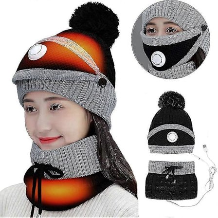 USB Opvarmet Hue og Halstørklæde Sæt Dame Herre Vinter Hue Varm Tyk Beanie Hue Halstørklæde_Overraskelse