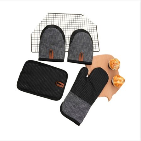 4-delt sæt varmebestandige silikone ovnhandsker og grydelapper til bagning og madlavning Black