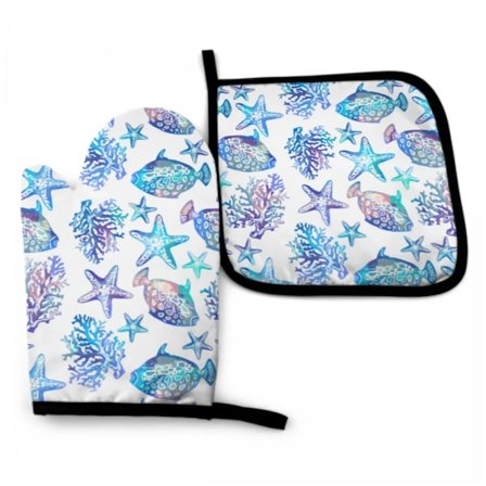 Ocean Fish Oven Mitt and Pot holder Set Heat Resistant Non Slip Kitchen Gloves with Inner Cotton Layer for Cooking BBQ Baking