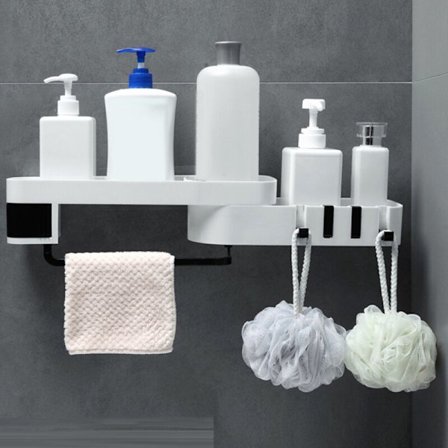 Hjørnehylde til badeværelse, multifunktionel opbevaringsreol med dobbelt lag, umærket væghylde til køkken, hvid og sort