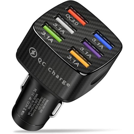 Multi-USB Biloplader, Hurtig Opladning 3.0 Cigarettænderadapter, 6-Port Multi-Beskyttelse Biloplader (Sort)