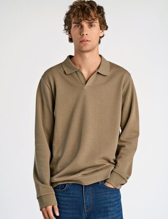 Lindbergh Jersey Split Neck W. Collar L/ - Brown - L