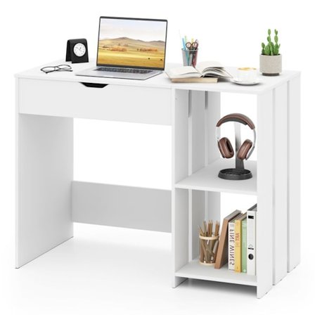 Computer Desk with Lift Top - COSTWAY - Hidden Compartment - 2 Open Storage Shelves - White