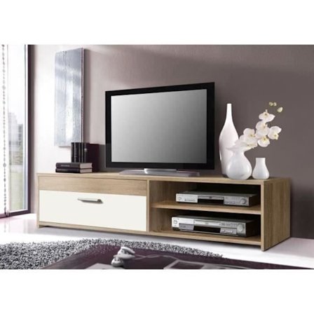 PILVI tv-møbel - Moderne stil - Melaminpartikler - Eg og hvid indretning - 1 klap + 2 nicher - L 120 x D 42 x H 32 cm