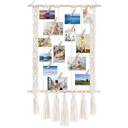Hængende fotodisplay med 30 træclips Macrame vægophæng billedholder collage billedramme til Boho indretning