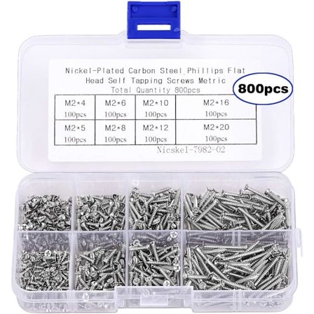 800 stk Små M2 Selvskjærende Skruer Sortimentsett, Forsenkede Phillips Flate Hode Treskruer (M2-4mm 5mm 6mm 8mm 10mm 12mm 16mm 20mm)