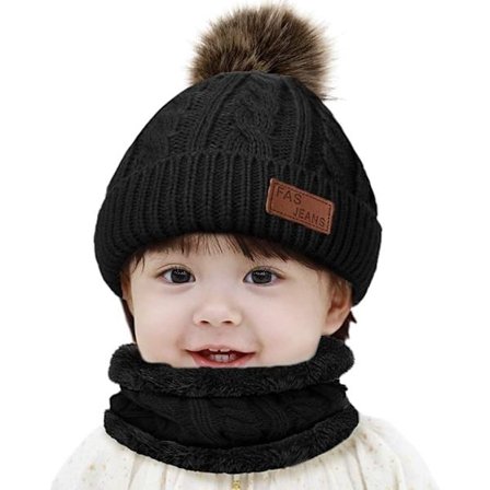 Sort vinterhue til børn med pompon for at holde drenge og piger varme