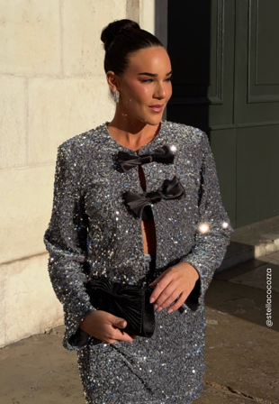Bubbleroom Occasion - Bow Sequin Velvet Jacket - Silver grey