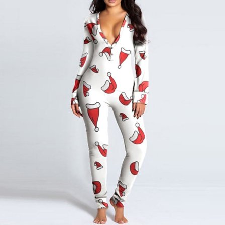 Dame Pyjamas Jumpsuit Hel Dress Trykk Julepyjamas Langermet Nattøy Hvit