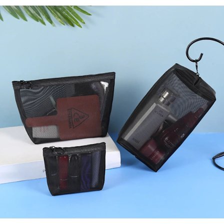 Nylon Mesh Cosmetic Bag Transparent Portable Cosmetic Storage Travel Handheld 3-Piece Set