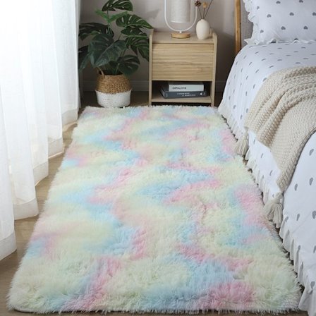 Fluffy gulvmatte Fluffy Faux Fur Area Rug Dekorativ Gradient Gulvmatte for Soverom Stue Spisestue (Regnbuefarger, 80×160cm)