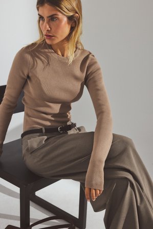 NA-KD - Strikket ribtopp med rund hals - Strikketopper - Beige - L (EU 42-44)