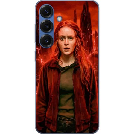 Kompatibelt Mobilskal till Samsung Samsung Galaxy S25+ Porträtt av en ung kvinna med rött hår i en apokalyptisk landskap, röda blixtar och mörka