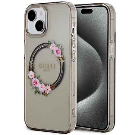 Guess IML Flowers Wreath MagSafe -kotelo iPhone 15 / 14 / 13 - musta