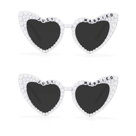 2-delt brudesolbrillesett, Just Married hvite perlehjertebriller, vintage brudegaver til utdrikningslag og bryllup