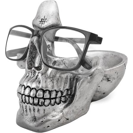 Dødningehovedetui, brilleholder, opbevaringsbakke til natbord, harpiks, kranie statue, gave dekoration til hjemmekontor (sølv).