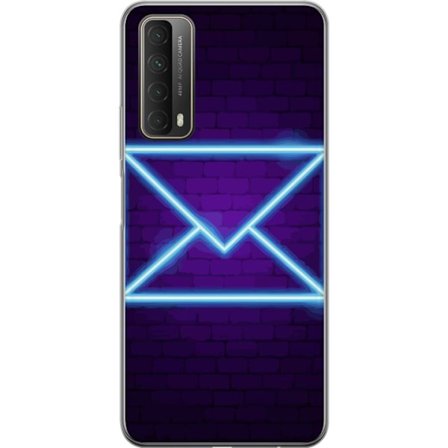 Yhteensopiva Puhelinkuori Huawei Huawei P smart 2021 Neonilta illuustraatio kirjekuoresta sinisessä valossa lila tiiliseinää vasten, nykyaikainen s