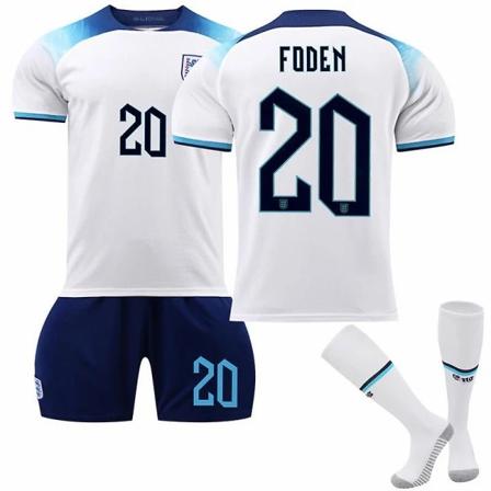 England 2022 VM Hemma Matchtröja Foden #20 Fotbollströja T-shirt Shorts Kit Fotboll 3-Delade Set För Barn Vuxna Kids 16(90-100cm)