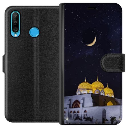 Kompatibelt Lommeboketui til Huawei P30 lite Stjerneklar natt med gyldne kupler og halvmåne over opplyst moské