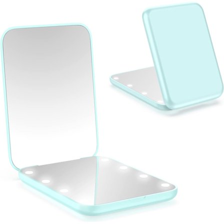LED-upplyst resespegel, rund, cyan förstorande kompakt spegel, bärbar för handväska, ficka, 8,5 cm upplyst fällbar spegel, två bärbara speglar