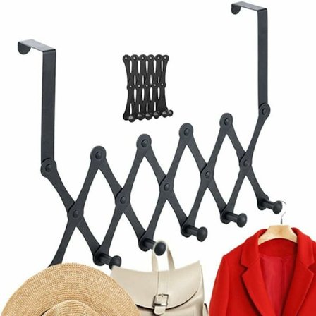 Ovi naulakko, laajennettava naulakko, ripustettava ovi koukku 6 koukuilla, naulakko ilman porausta, musta väri