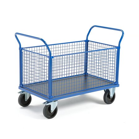 Plattformvogn, 4 nettinggavler, L1200 B800 mm, 1000 kg, elastiske massivgummihjul, med brems