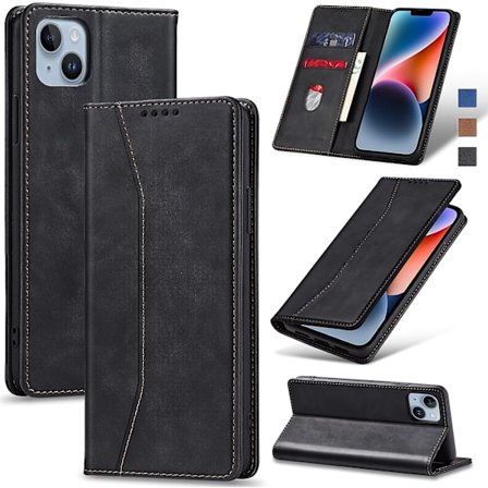Etui til iPhone 14, PU læder pung etui cover [Stødsikkert] [Magnetisk] [Kortholder] [Stativfunktion] Flip cover (Sort)