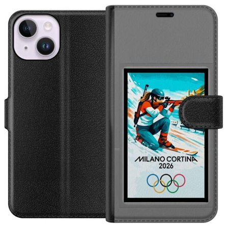 Yhteensopiva Lompakkokotelo Apple iPhone 14 Retrojuliste Cortina Milano 2026 vuorilla, talviurheilijoilla, italiankoloreilla, Milanon tuomiokirkolla j