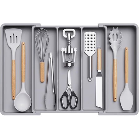 Bestikkboks Organizer, Utrekkbar Stor Bestikkbrett for Kjøkken Stor, Grå