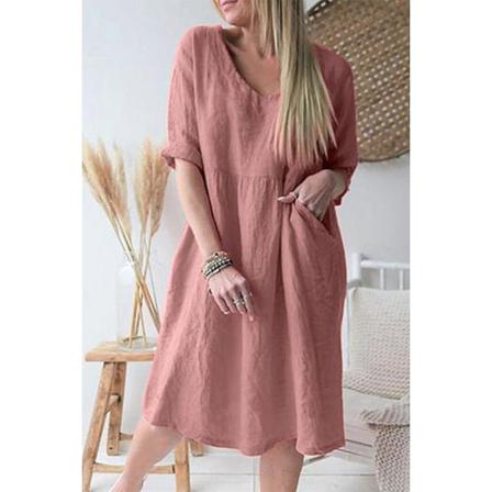 Sommar Dam Midiklänning Casual V-ringad Kort Ärm Solid Rosa L